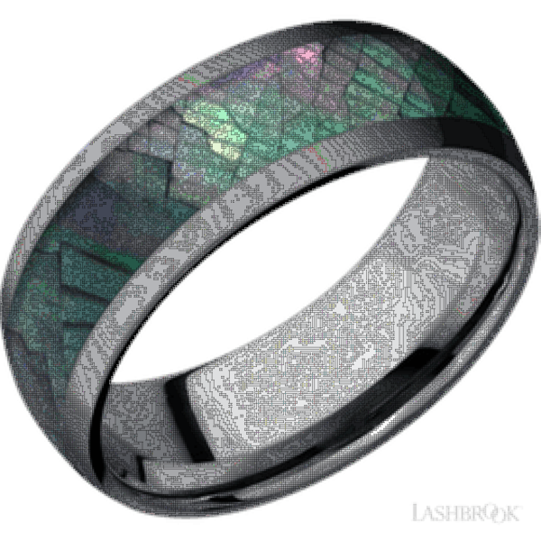 8 mm wide/Domed/Tantalum band with one 5 mm Centered inlay of Black Mother of Pearl.