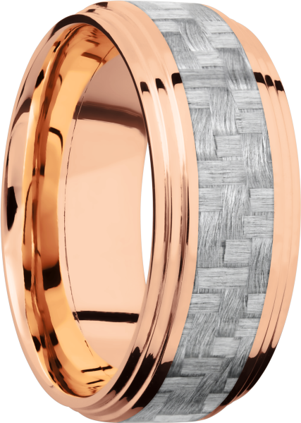 14K Rose Gold 9mm flat band with 2 grooved edges and a 4mm inlay of silver Carbon Fiber