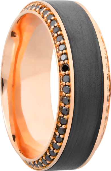 18K Rose gold 8.5mm beveled band with an inlay of zirconium and bead-set eternity black diamonds