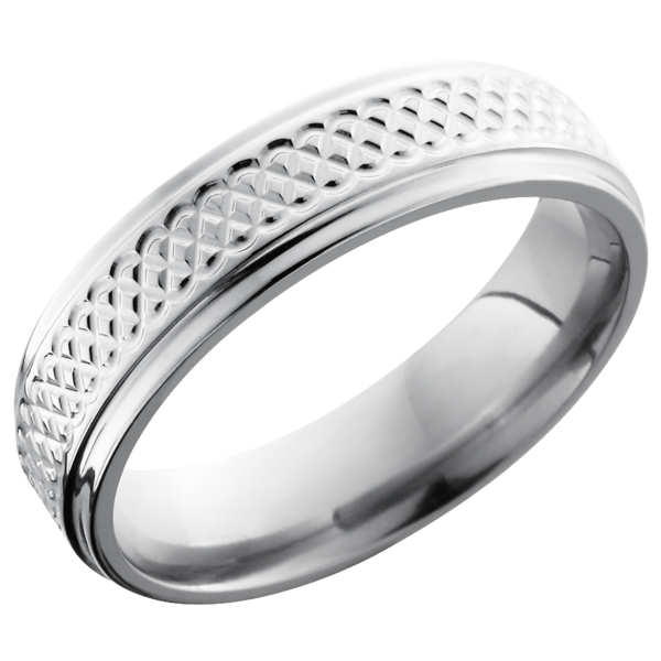 Titanium 6mm flat band with grooved edges and a laser-carved tight weave pattern