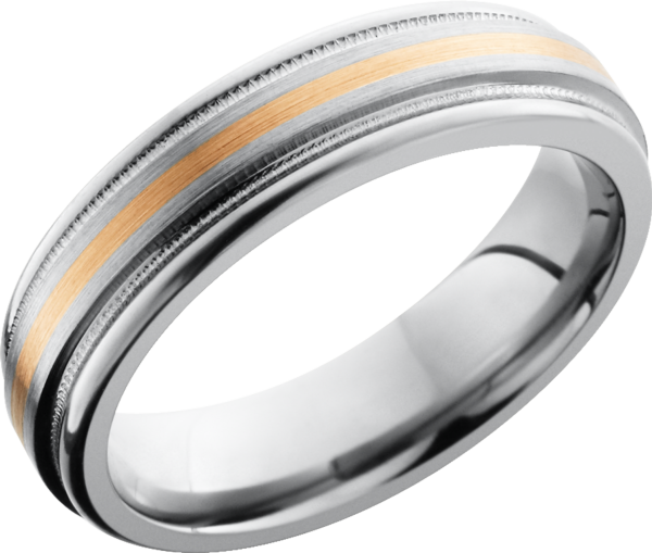 Titanium 6mm flat band with rounded edges and an inlay of 14K rose gold with reverse milgrain detail on either side