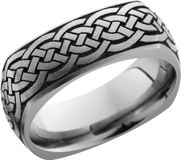 Titanium 8mm domed square band with a laser-carved celtic pattern