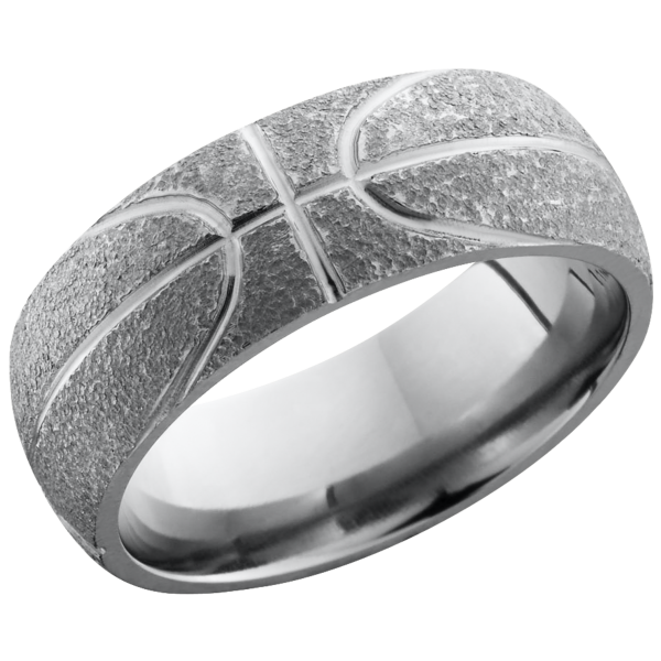 Titanium 8mm domed band with a laser-carved basketball pattern