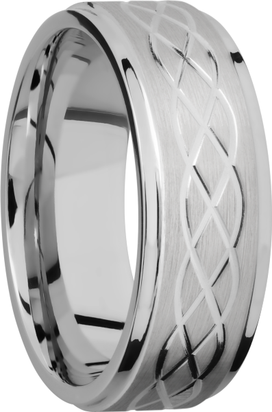 Titanium 8mm flat band with grooved edges and a laser-carved celtic pattern