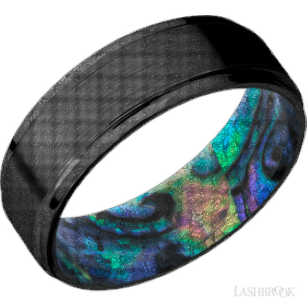 7 mm wide Flat Grooved Edges Zirconium band featuring a Abalone sleeve.