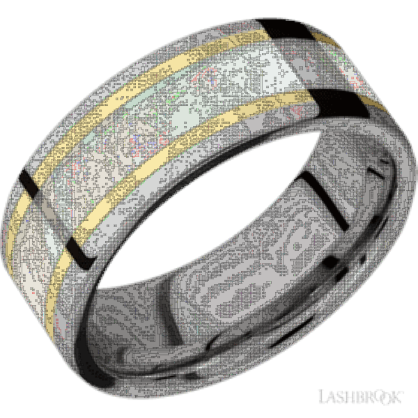 8 mm wide/Flat/Titanium band featuring inlays of 14K Yellow Gold and Freshwater Mother of Pearl.  8F16/14KY14/WMOP