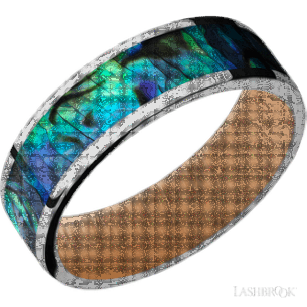 7 mm wide/Flat/Cobalt Chrome band with one 5 mm Centered inlay of Abalone