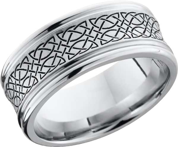 Cobalt chrome 9mm concave band with rounded edges and a laser-carved Celtic pattern
