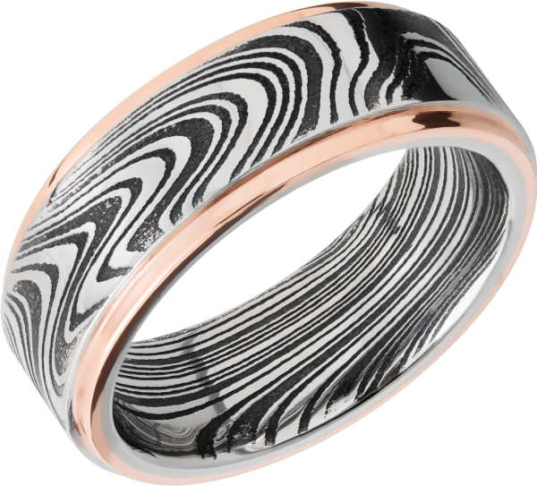 Handmade 8mm marble Damascus steel flat band with 14K rose gold grooved edges