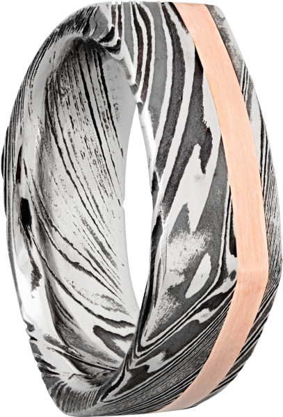 Handmade 8mm woodgrain Damascus steel square band with an inlay of 14K rose gold