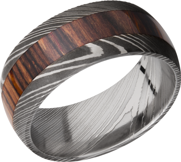 Handmade 9mm Damascus steel band with a 4mm inlay of Mexican Cocobolo hardwood