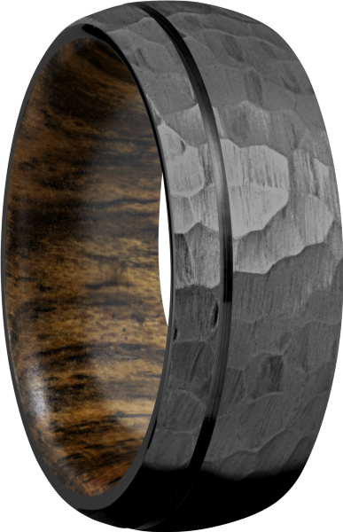 Zirconium 8mm domed band with 1, .5mm groove and a sleeve of Bocote hardwood