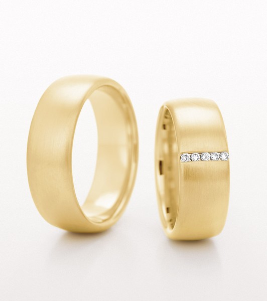 14K YELLOW GOLD WEDDING RING COMFORT FIT WITH SATIN FINISH 7.5MM - RING ON LEFT