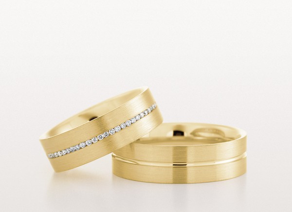 YELLOW GOLD WEDDING  FLAT WITH SATIN FINISH AND DIAMONDS 6.5MM - RING ON LEFT