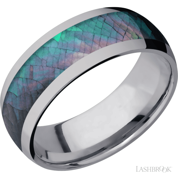 8 mm wide/Domed/Tantalum band with one 5 mm Centered inlay of Black Mother of Pearl