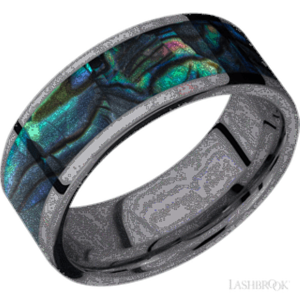 8 mm wide/Flat/Tantalum band with one 6 mm Centered inlay of Abalone