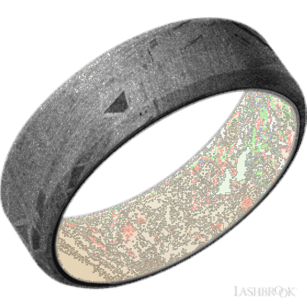 7 mm wide Beveled Meteorite band featuring a Freshwater Mother of Pearl sleeve.