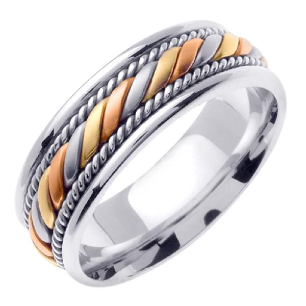 14KT WEDDING RING WHITE GOLD WITH TRICOLOR CENTER TWIST 7MM