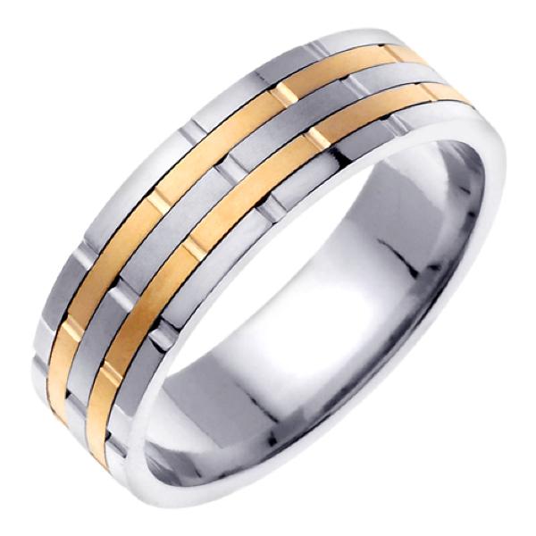 14K TWO COLOR GOLD WEDDING RING WITH BRICK PATTERN 6.5MM