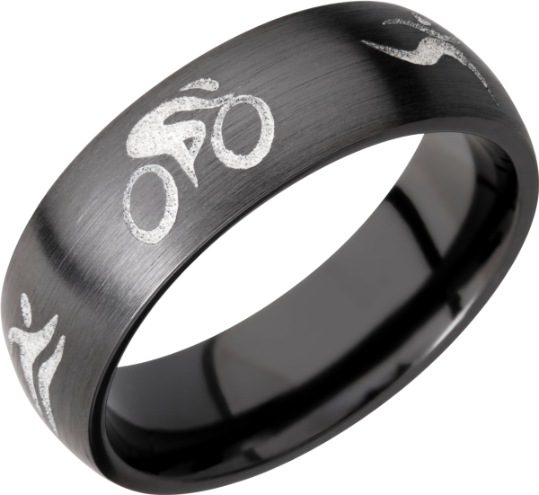 Zirconium 7mm domed band with a laser-carved triathlon pattern