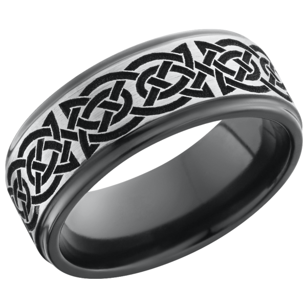 Zirconium 8mm flat band with a laser-carved celtic pattern