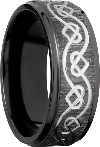 Zirconium 8mm flat band with a laser-carved celtic heart pattern