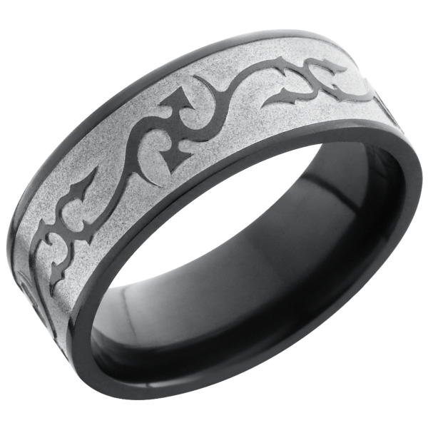 Zirconium 8mm flat band with a laser-carved thorn pattern
