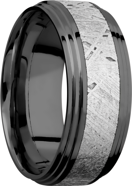 Zirconium 9mm flat band with two steps and an inlay of authentic Gibeon Meteorite