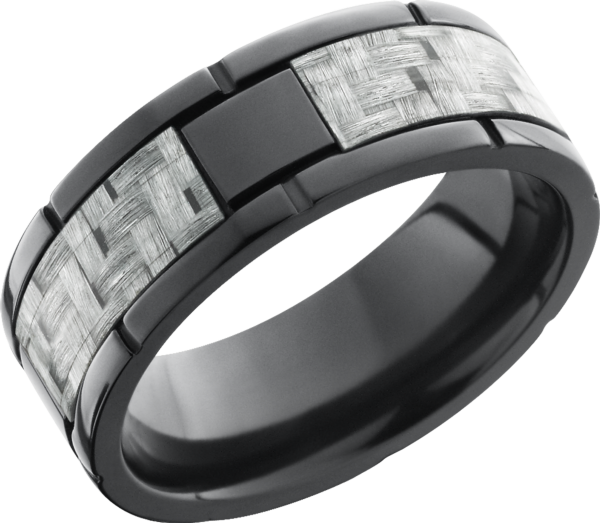 Zirconium 8mm flat band with segment details and a 4mm inlay of silver Carbon Fiber