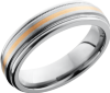 Titanium 6mm flat band with rounded edges and an inlay of 14K rose gold with reverse milgrain detail on either side