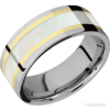 8 mm wide/Flat/Titanium band featuring inlays of 14K Yellow Gold and Freshwater Mother of Pearl.  8F16/14KY14/WMOP