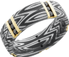 Handmade 7mm zebra Damascus steel band with 5 vertical inlays of 14K yellow gold and 15, .04ct channel-set black diamonds
