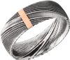 Handmade 8mm woodgrain Damascus steel domed band with 1, 2mm vertical inlays of 14K rose gold