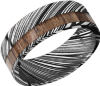 Damascus steel 8mm flat band with 1, 3mm off-centered inlay of Walnut hardwood