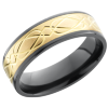 Zirconium 7mm flat band with a laser-carved celtic pattern in an inlay of 14K yellow gold