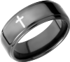 Zirconium 8mm flat band with grooved edges and a laser-carved cross pattern