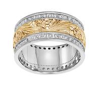 ENGRAVED DIAMOND RING WITH DIAMONDS IN TWO COLORS OF GOLD OR PLATINUM AND GOLD 9MM
