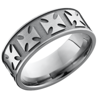 Titanium 8mm flat band with grooved edges and a laser-carved maltese pattern