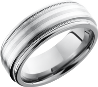 Titanium 8mm flat band with rounded edges and 2, 1mm inlays of sterling silver