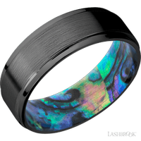 7 mm wide Flat Grooved Edges Zirconium band featuring a Abalone sleeve.