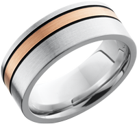 Cobalt chrome 8mm flat band with 1, 2mm off-center inlay of 14K rose gold and antiquing on either side