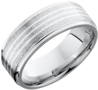 Cobalt chrome 8mm flat band with grooved edges featuring 3, .5mm inlays of sterling silver
