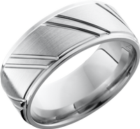 Cobalt chrome 9mm flat band with grooved edges and laser-carved stripes