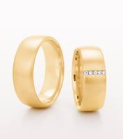 14K YELLOW GOLD WEDDING RING COMFORT FIT WITH SATIN FINISH 7.5MM - RING ON LEFT