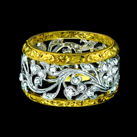18K GOLD WIDE FLORAL DESIGN WEDDING RING WITH YELLOW EDGES 12MM