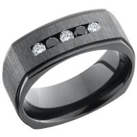 Zirconium 8mm flat square band with grooved edges and 3, .05ct black diamonds and 2, .05ct white diamonds channel-set