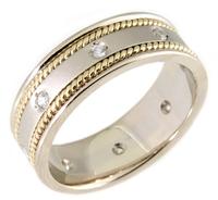 14K TWO COLOR GOLD WEDDING RING WITH DIAMONDS AND ROPE ACCENTS