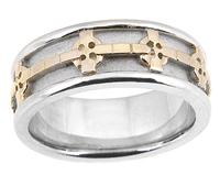14KT TWO TONE WEDDING BAND WITH CELTIC CROSS DESIGN 8MM