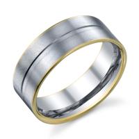 FLAT WEDDING RING WHITE WITH YELLOW EDGES SATIN FINISH AND GROOVE 8MM