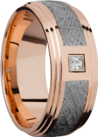 14K Rose gold 9mm flat band with an inlay of authentic Gibeon Meteorite and a white diamond accent